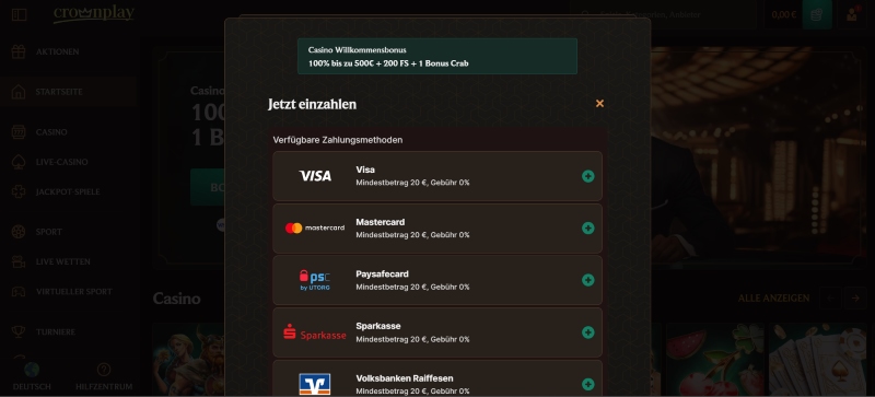 CrownPlay erste Einzahlung im Casino ohne OASIS
